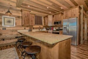 A cabin kitchen with plenty of space for food preparation and storage.