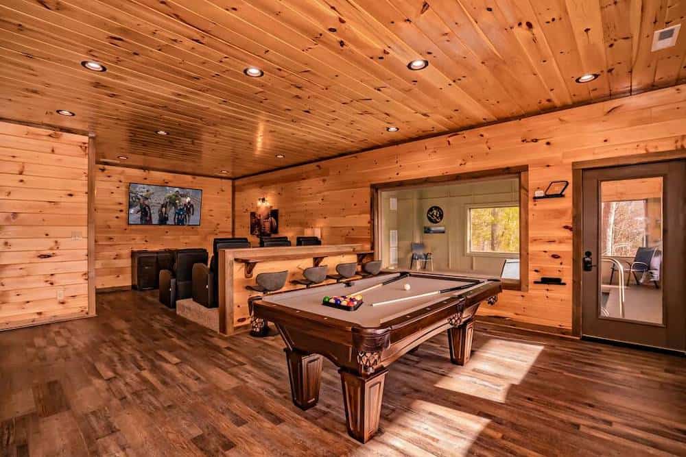 pool table and home theater in 5 bedroom cabin